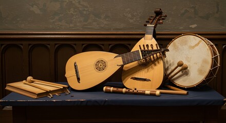 Captivating Still Life: Renaissance Musical Instruments Featuring Lutes, a Tabor Drum, and a Recorder, Evoking a Sense of History, Artistry, and the Beauty of Early Music