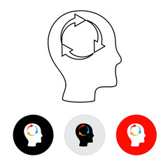 human head silhouette icon with circular arrow on the head, line icon, black, white color using round buttons in black, dark white and red color