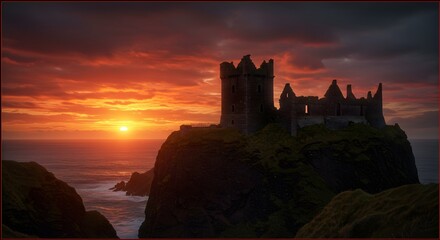 Obraz premium Dramatic Dunluce Castle Ruins at Sunset: A Breathtaking Irish Coastal Landscape with Vivid Orange Skies and Historical Architecture, Perfect for Travel and Historical Projects