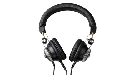 Fototapeta premium Listening to Clarity: A high-angle shot reveals a pair of black headphones, a symbol of immersive audio and private listening. the detail are crystal clear and evoke a sense of audio luxury. 