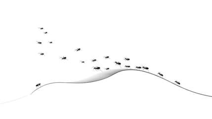 Ant March: A determined line of ants marches purposefully across a minimalist landscape, symbolizing perseverance, teamwork, and the relentless pursuit of common goal