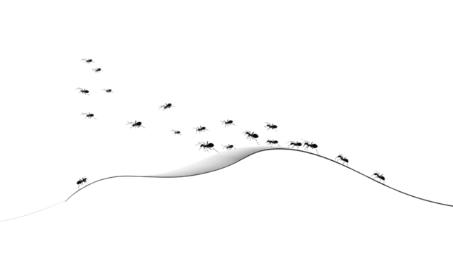 Ant March: A determined line of ants marches purposefully across a minimalist landscape, symbolizing perseverance, teamwork, and the relentless pursuit of common goal