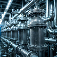 Industrial pipes. Row of large metal pipes and valves in a factory setting with selective focus, conveying an industrial or manufacturing theme.