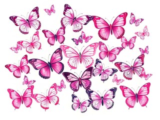 A vibrant collection of pink butterflies in various sizes, fluttering against a white background, creating a lively and colorful scene