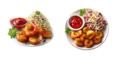 different point of view of Tempura Fried shrimp with ketchup and coleslaw on a plate, isolated on a transparent background
