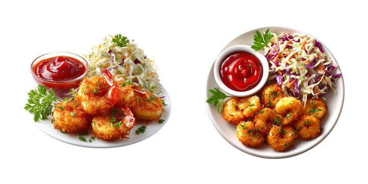 different point of view of Tempura Fried shrimp with ketchup and coleslaw on a plate, isolated on a transparent background