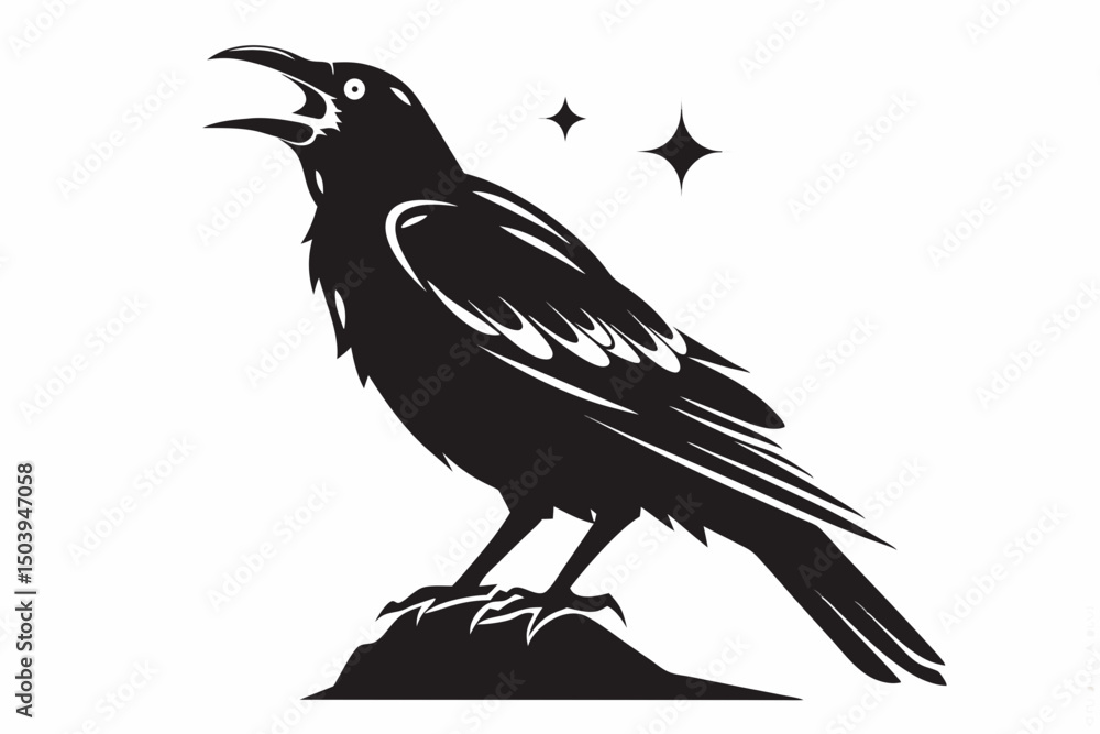 Poster silhouette of a raven perched on a rock with its beak open and two stars in the background to the ri