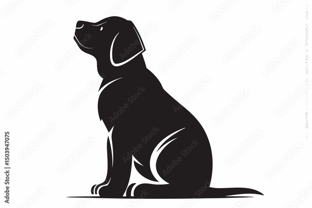Poster silhouette of a black labrador retriever sitting attentively and looking upwards with a white backgr