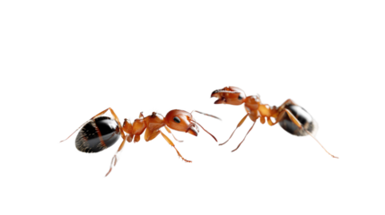 Ant Communication: Two ants engage in a moment of connection, communicating essential information within a thriving colony, against a clean backdrop.