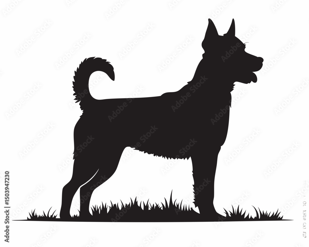 Poster silhouette of a dog standing in grass with its tail curled and ears perked in a side profile view cr