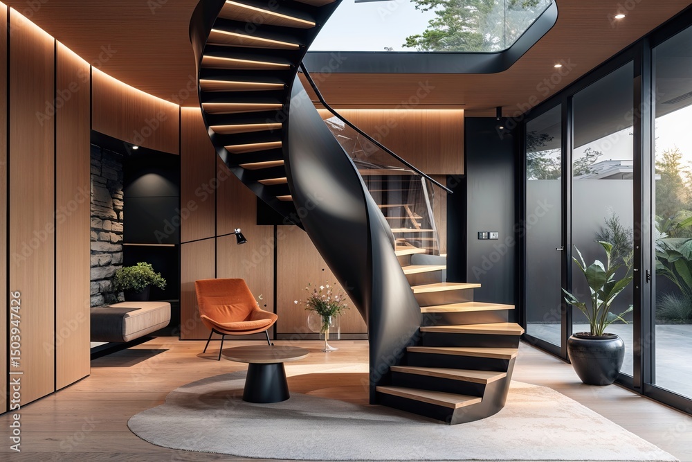 Poster modern spiral staircase design in sleek architecture for inspiring workspaces and aesthetic environm
