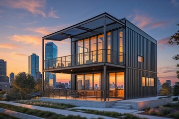 Obraz premium Modern Steel-Clad Structure in Urban Setting at Sunset with Aesthetic View and Skyline