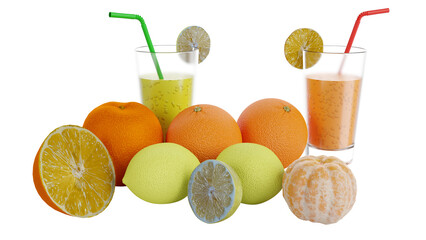 PNG. Su tavolo sono disposti agrumi, arance e limoni, aranciata e limonata. Bevande con sfondo trasparente.