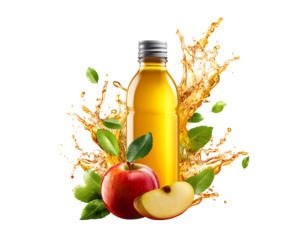 Apple cider vinegar bottle with apple juice splash on the back and fresh apple fruit on the front, perfect for advertising and promotion on transparent background