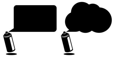 Two spray black paint cans spraying contrasting blank speech bubbles in rectangular and cloud shapes set mockup, isolated on white background, text dialogue template graffiti-inspired.