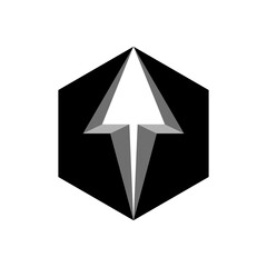 Arrow inside black hexagon logo geometric shape with abstract negative space icon, modern vector symbol for progress, digital growth, upload, elevation, futuristic direction and technology.