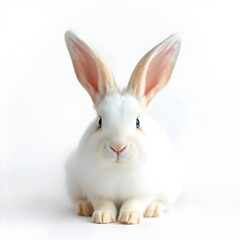 Obraz premium Soft Cinematic Portrait of Graceful White Bunny Rabbit with Fluffy Ears, Calm Pose on Clean White Background, Ultra HD