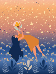 Long-haired young woman floating in the air above blooming fields in a dream. Vector