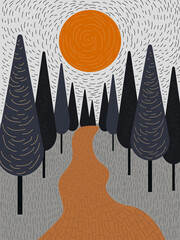 Road to the sun among tall trees in forest or park drawn by hand.