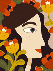 Portrait of a female side view in profile on a blooming day. 