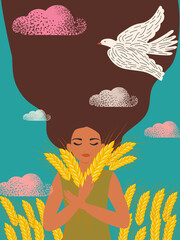 Young woman in a wheat field with long hair meditates and dreams of peace of mind and world peace. 