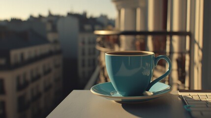 Serene Morning Coffee on a Balcony with a Cityscape View in Soft Dawn Light