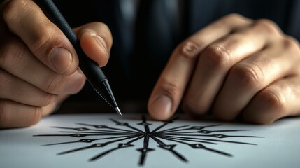 Close-up of Hands Holding Pen Drawing Intricate Compass Rose Design on Paper Surface