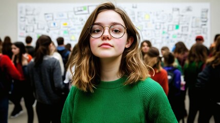 Young Girl in Green Sweater with Glasses Among Crowd in Modern Art Gallery Setting