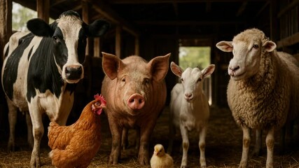 Farm animals in a barn, including a cow, pig, goat, sheep, chicken, and chick, captured at eye level. Ideal for a farm-themed video or educational content. - Powered by Adobe