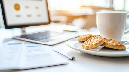 Breakfast Scene with Computer, Coffee Cup, Cookies, and Documents in Modern Workspace Environment
