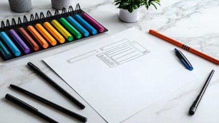 Creative Workspace with Colorful Markers and Blank Paper on a Marble Table Surface