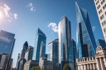 Chic Skyscraper Configurations in London's Financial District Under a Bright Sunny Sky