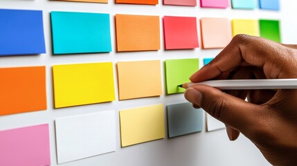 Hand Selecting Color Samples from a Wall Display of Color Swatches for Design Projects