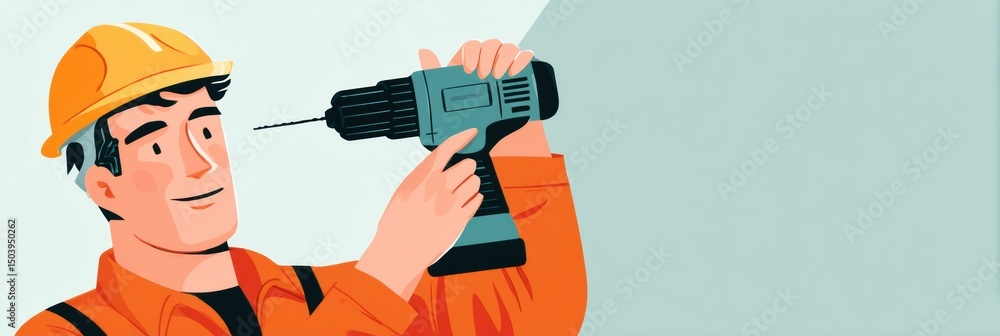 Poster worker operating a drill in a light workspace during a maintenance task