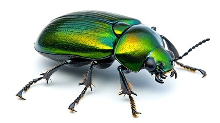 Fototapeta premium Macro Photography of a Vibrant Green Beetle with Shiny Metallic Exoskeleton on White Background