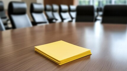 Yellow Notepads on Conference Table in Modern Meeting Room with Black Chairs and Natural Light