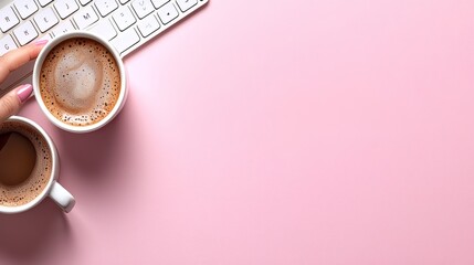 Hand Holding Coffee Cups Next to White Keyboard on Pink Background for Cozy Work Environment