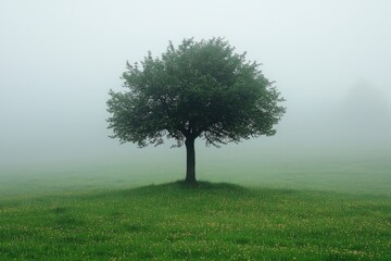 Obraz premium Misty morning landscape with a lone tree in fog nature photography serene environment tranquil viewpoint