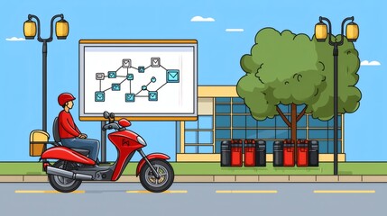 Delivery Person on Red Scooter in Urban Environment with Communication Illustration in Background