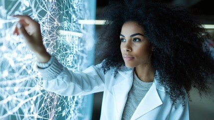 Woman Scientist Engaging with Digital Interface in High-Tech Laboratory Environment