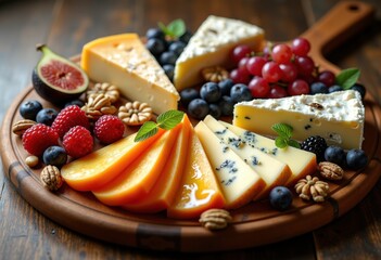 artfully arranged gourmet cheese board display variety decor, charcuterie, platter, arrangement, nuts, fruits, slices, artisan, selection, plum, brie