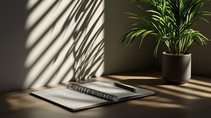 Natural Light and Shadows on a Desk with Notebook and Plant in Minimalist Workspace