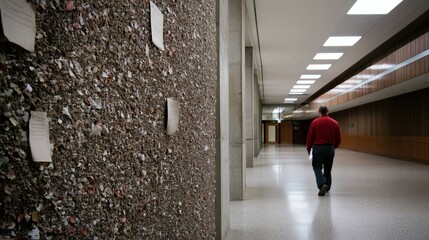 Man Walking in Modern Hallway with Textured Wall and Soft Ambient Lighting