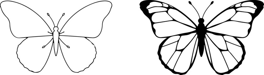 The image displays two butterfly illustrations in black and white. The left butterfly shows a simple outline, while the right one has more defined details.