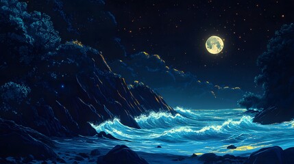 Moonlit beach with glowing waves and starry sky