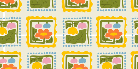 Fototapeta premium Colorful floral seamless pattern illustration. Vintage style flower frame background design. Geometric natural wallpaper print, spring season nature backdrop texture with flowers.