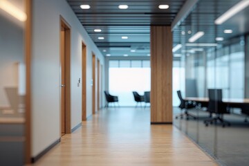 Abstract Blurred Office Hall Interior with Meeting Room and Defocused Corridor in Modern Workspace
