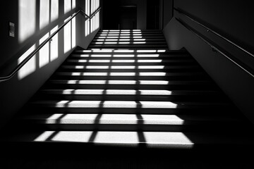 Shadows play on staircase indoor location black and white photography minimalist environment unique viewpoint