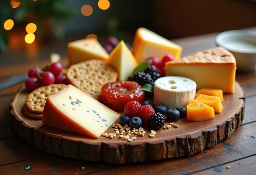 artisan cheese selection gourmet accouterments platter curated cheeses pairings delightful crackers fruits jams nuts, cheddar, goat, brie, camembert, honey