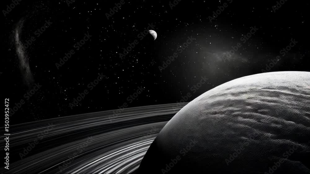 Poster a monochrome view of a ringed planet with a nearby moon against a backdrop of stars in deep space sh